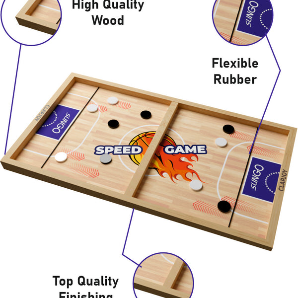 2 in 1 Slingo Wooden Board Game | Fast Finger Puck Game with Elastic Band & Acrylic Pucks | Multiplayer Indoor Tabletop Game for Kids, Teens & Adults