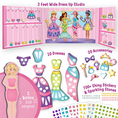 Dress-up play set with dresses, accessories, and stickers on a pink background