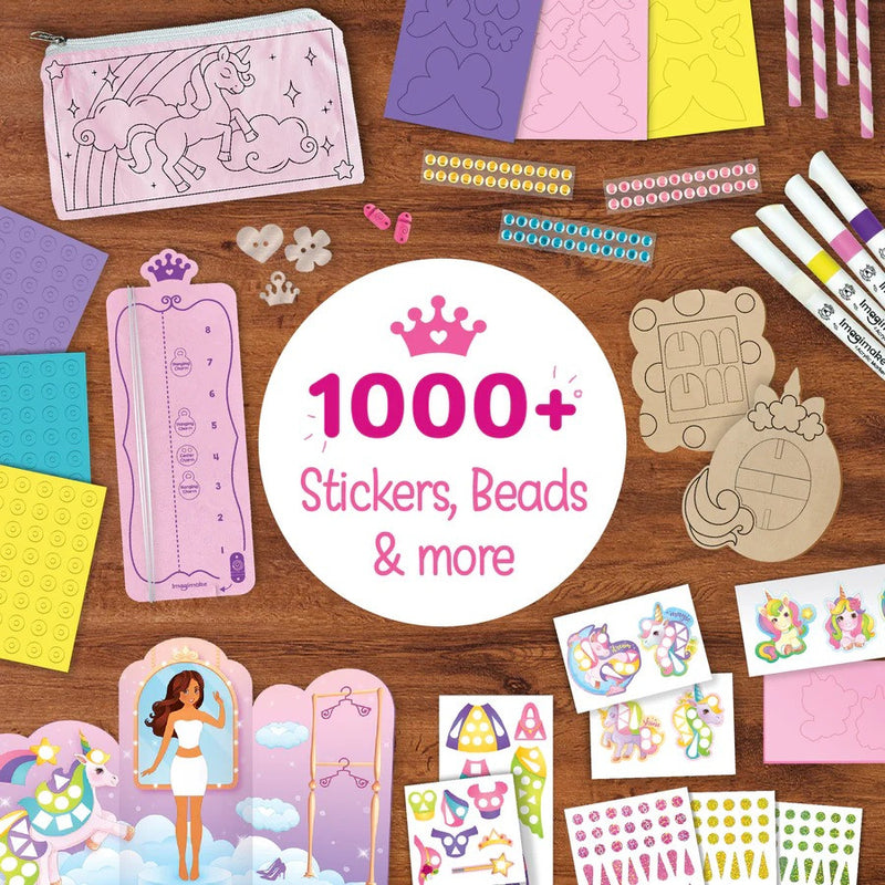 Assorted craft supplies including 1000 + stickers, beads, and templates on a wooden surface with a focus on creativity.