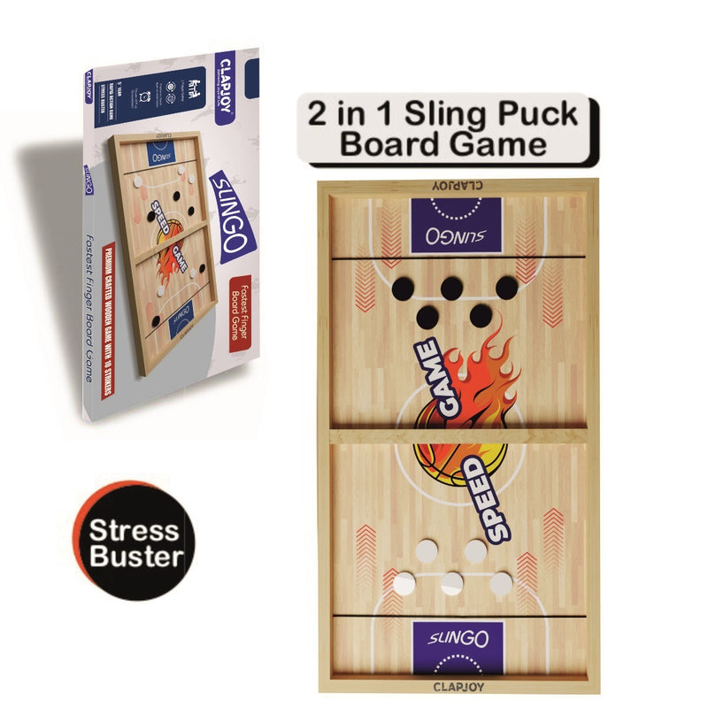 2 in 1 Slingo Wooden Board Game | Fast Finger Puck Game with Elastic Band & Acrylic Pucks | Multiplayer Indoor Tabletop Game for Kids, Teens & Adults