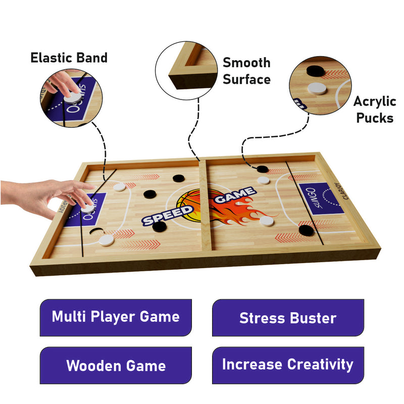 2 in 1 Slingo Wooden Board Game | Fast Finger Puck Game with Elastic Band & Acrylic Pucks | Multiplayer Indoor Tabletop Game for Kids, Teens & Adults
