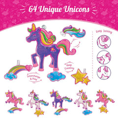 Unicorn-themed product with interchangeable parts on a pink background