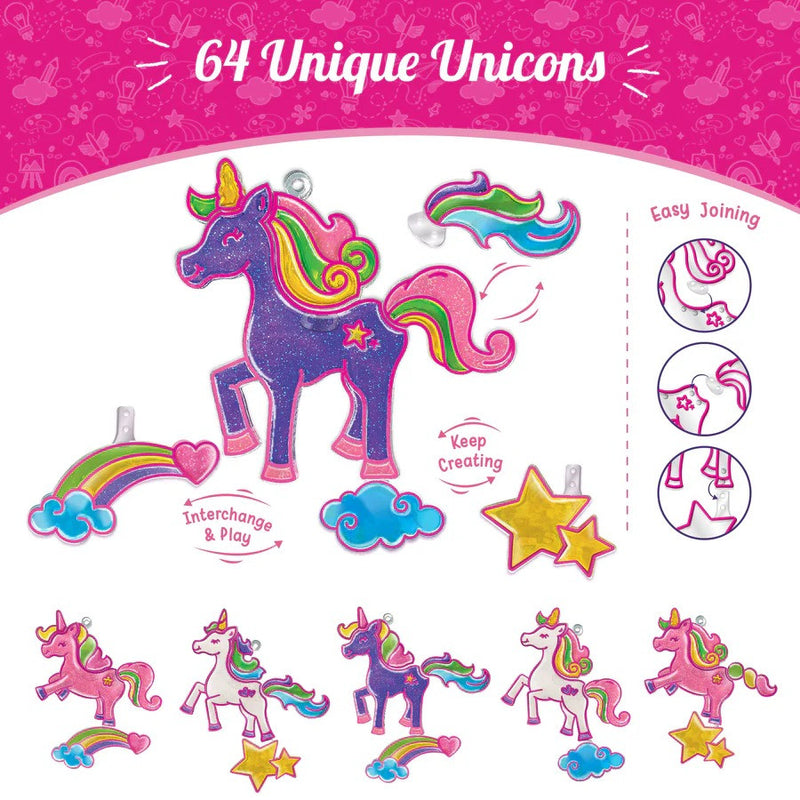 Unicorn-themed product with interchangeable parts on a pink background