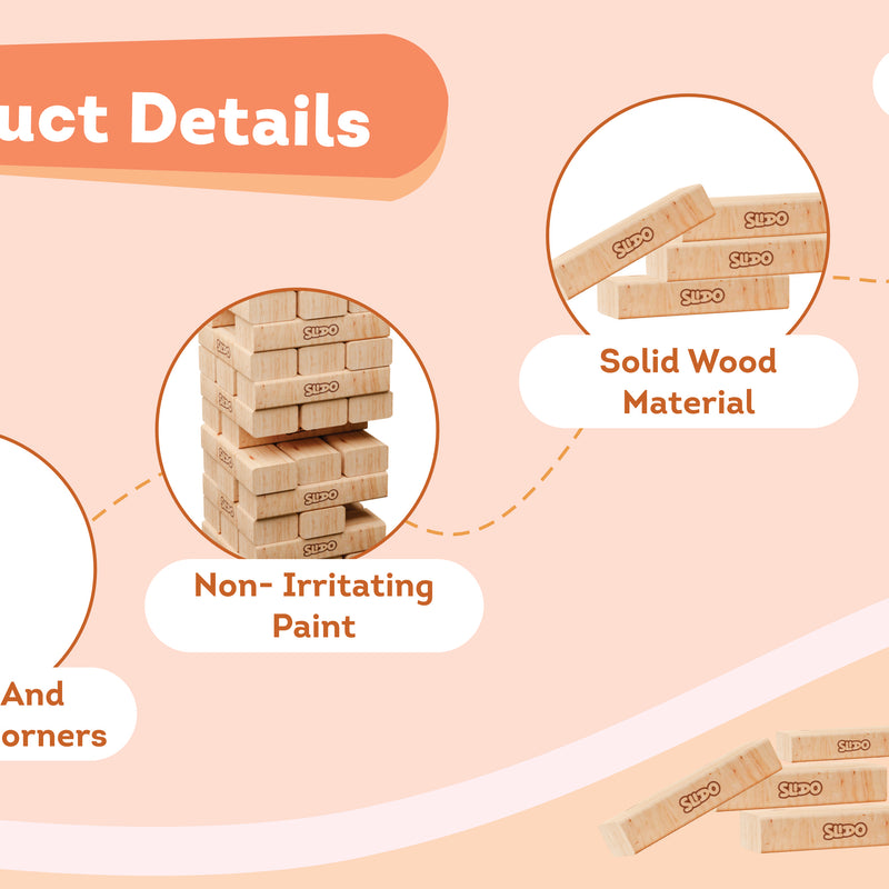 Slido Wooden Stacking Blocks Game 54 Pieces | Classic Tower Building Board Game for Kids & Family | Wooden Balance Blocks for Skill, Focus & Coordination | Indoor Party Game