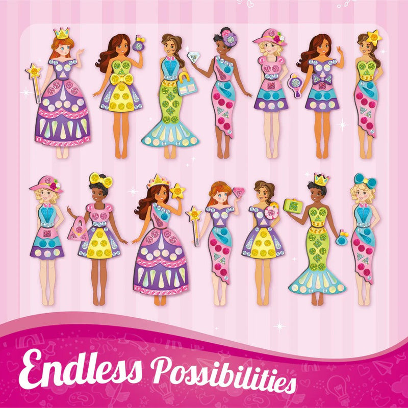 Set of colorful paper dolls with dresses on a pink background, featuring the text 'Endless Possibilities'.