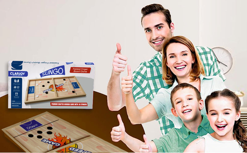 2 in 1 Slingo Wooden Board Game | Fast Finger Puck Game with Elastic Band & Acrylic Pucks | Multiplayer Indoor Tabletop Game for Kids, Teens & Adults