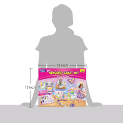 Unicorn craft kit packaging with dimensions shown on a silhouette of a person