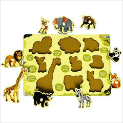 Children's puzzle with animal shapes and names on a yellow background