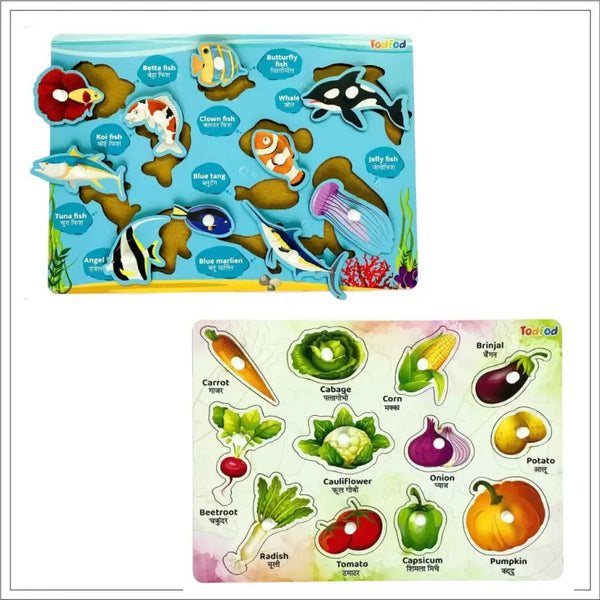 Todfod Wooden Jigsaw Puzzles Fish & Vegetable Characters For Kids 