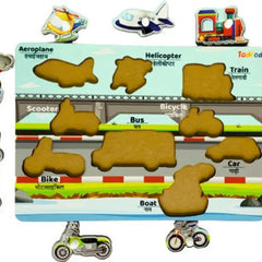 Educational toy with magnetic vehicles and shapes on a white background