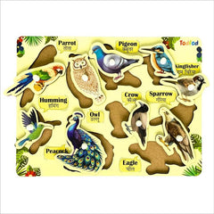 Educational puzzle with bird illustrations and labels on a yellow background