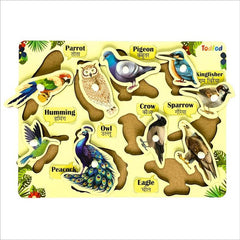 Educational puzzle with illustrations of various birds and their names in both English and Hindi.