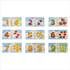 Set of nine educational number cards with fruits on a white background
