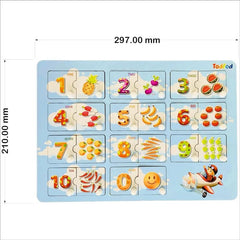 Children's number puzzle with colorful illustrations on a blue background