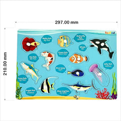 Children's educational puzzle with fish illustrations and names on a blue background