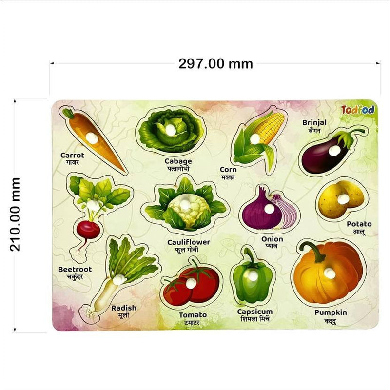 Educational vegetable puzzle with labeled images and dimensions on a white background