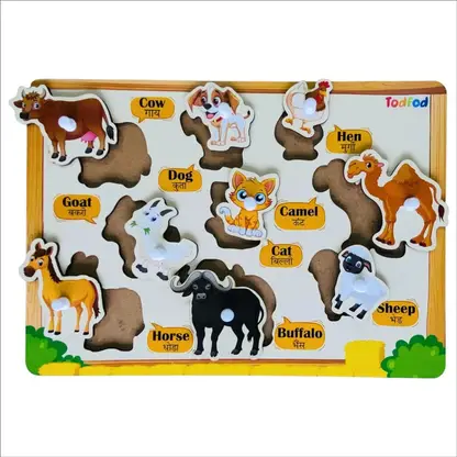 Children's animal puzzle with wooden frame and animal figures on a white background