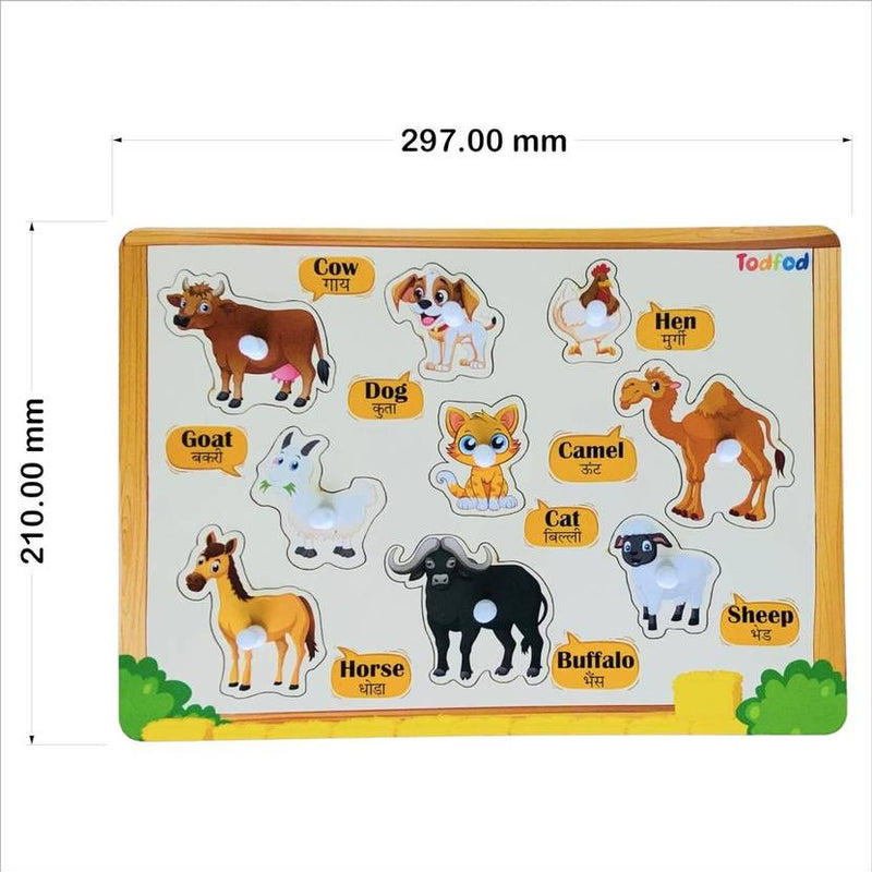 Children's animal puzzle with wooden frame and labeled animals on a white background