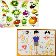 Educational board games with vegetable and body part illustrations on a white background