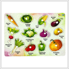 Educational vegetable chart with illustrations and names in both English and Hindi.