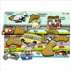 Educational toy with cut-out vehicle shapes on a colorful background