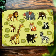 Children's educational puzzle with animal illustrations on a wooden surface