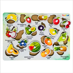 Fruit-themed educational puzzle with labeled fruits on a white background