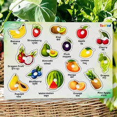 Fruit chart for children with illustrations and names, set against a natural background.
