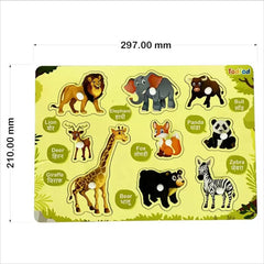 Children's puzzle with animal illustrations and labels on a yellow background