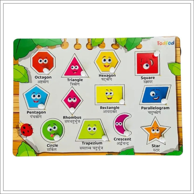 Educational children's board with shapes and names in multiple languages