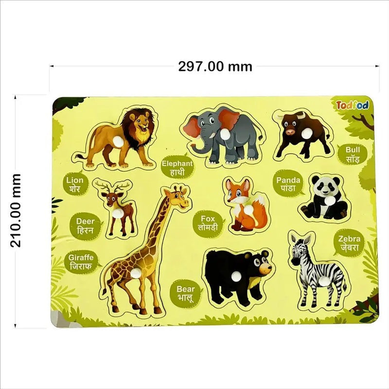 Educational animal puzzle with cartoon animals and labels on a yellow background, featuring measurements.