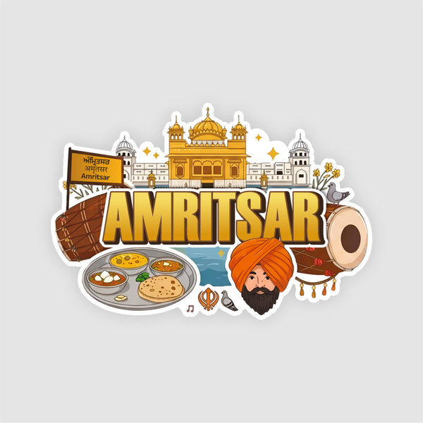 Smaran Amritsar Wooden Fridge Magnet | Golden Temple & Punjabi Culture Illustration | 3x3 Inch Refrigerator Decor for Home Kitchen & Gift