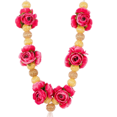 Necklace with pink flowers and gold beads on a white background