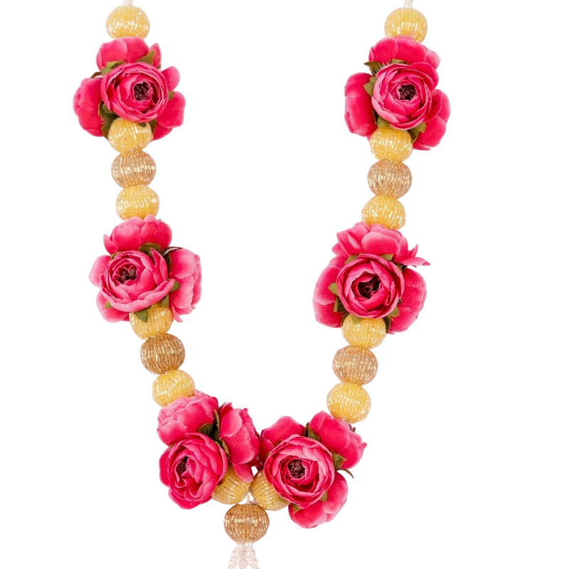 Necklace with pink flowers and gold beads on a white background