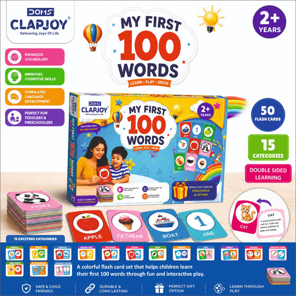 Doms Clapsjoy My First 100 Words Flash Cards for Kids 2+ Years | Educational Learning Cards for Toddlers & Preschoolers | Vocabulary, Numbers, Colors, Animals, Fruits & More | 100 Cards