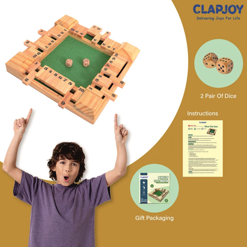 Clapjoy Shut The Box Wooden Dice Board Game for Kids & Family | Pinewood Number Strategy Game with Felt Board, 2 Pairs of Dice & Number Tiles | Educational Indoor Game
