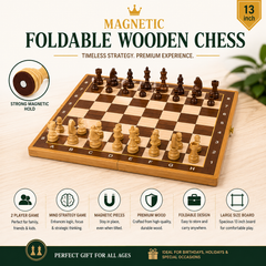 Magnetic Foldable Wooden Chess Set 13 Inch | Premium Wooden Chess Board with Magnetic Chess Pieces | Portable 2 Player Strategy Game for Kids & Adults