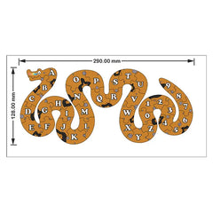 Snake-shaped alphabet puzzle with measurements on a white background