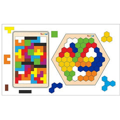 Two wooden puzzle toys with colorful geometric shapes on a white background