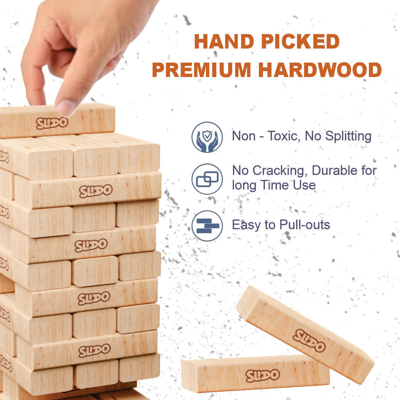 Slido Wooden Stacking Blocks Game 54 Pieces | Classic Tower Building Board Game for Kids & Family | Wooden Balance Blocks for Skill, Focus & Coordination | Indoor Party Game