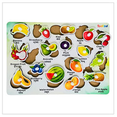 Colorful wooden fruit puzzle board for kids by Todfod featuring 14 fruits with English and Hindi names — banana, strawberry, kiwi, apple, cherry, dragon fruit, avocado, plum, lemon, blueberry, mango, papaya, watermelon, orange, grapes, and pineapple.