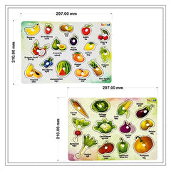 The board features various fruits, each labeled in English and Hindi, including banana, strawberry, kiwi, apple, cherry, dragon fruit, avocado, plum, lemon, grapes, blueberry, mango, orange, papaya, pineapple, and watermelon