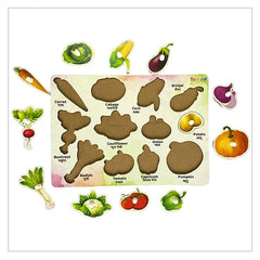 colorful vegetable-shaped wooden puzzle board for kids, with labeled slots for vegetables like carrot, cabbage, corn, brinjal, potato, beetroot, cauliflower, onion, pumpkin, radish, tomato, and capsicum. The corresponding wooden pieces are placed around the board