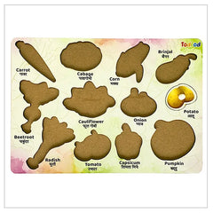 Todfod wooden vegetable puzzle board for kids showing vegetable shapes labeled in English and Hindi — carrot, cabbage, corn, brinjal, potato, beetroot, cauliflower, onion, radish, tomato, capsicum, and pumpkin.