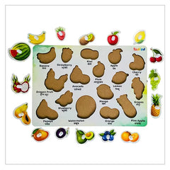 Todfod wooden fruit puzzle board with removable pieces showing fruits like banana, strawberry, kiwi, apple, cherry, dragon fruit, avocado, plum, lemon, blueberry, mango, papaya, watermelon, orange, grapes, and pineapple labeled in English and Hindi.