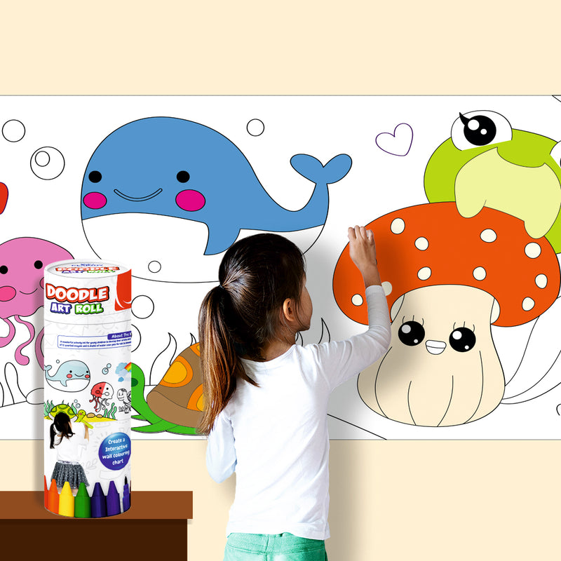 Doodle Art Roll for Kids 84 Inch Reusable Colouring Paper Roll | Washable Drawing & Painting Activity Mat with 6 Water Colour Pens, 12 Crayons, Wipe Cloth & Stickers