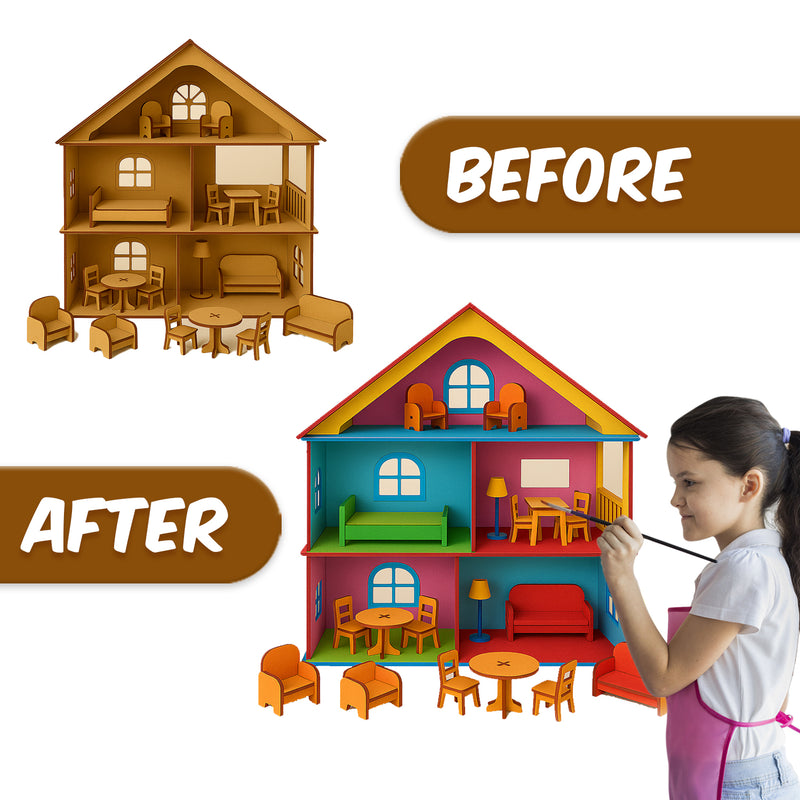 DIY Doll House Kit for Kids | Wooden Dollhouse Building & Painting Set | 3-Storey Wooden House with Furniture | Creative Build Paint & Play Toy for Girls & Boys