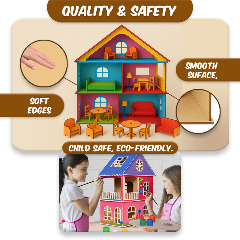 DIY Doll House Kit for Kids | Wooden Dollhouse Building & Painting Set | 3-Storey Wooden House with Furniture | Creative Build Paint & Play Toy for Girls & Boys