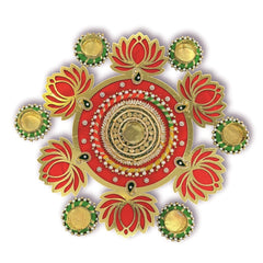 Decorative wall art with red, gold, and green colors on a white background