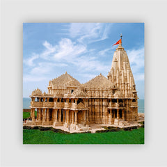 Smaran Somnath Jyotirlinga Wooden Fridge Magnet | Ancient Stone Temple & Sea Illustration | 3x3 Inch Spiritual Refrigerator Decor for Home Kitchen & Gift